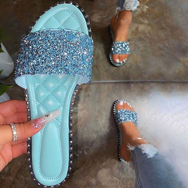 Crystal  Women Slippers Bling Bling Flats Female Beach Shoes Summer