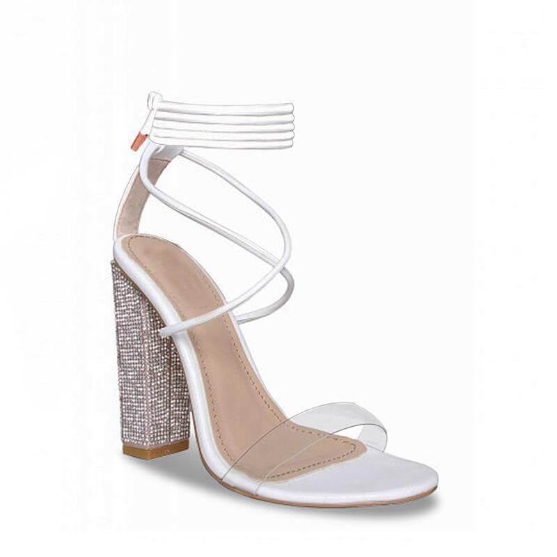 White Transparent Belt Thick-heeled Sandals