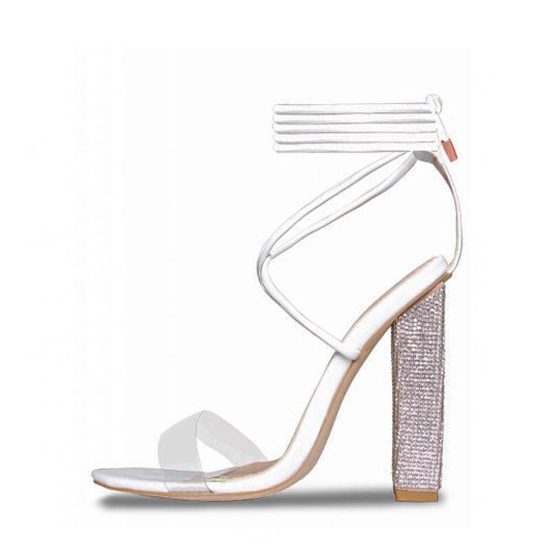 White Transparent Belt Thick-heeled Sandals