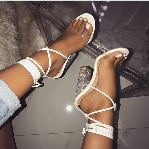 White Transparent Belt Thick-heeled Sandals